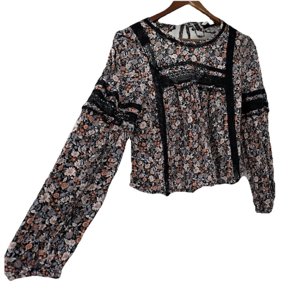 American Eagle Floral Lace Long Sleeve Blouse Cottagecore Boho Festival Fairy S